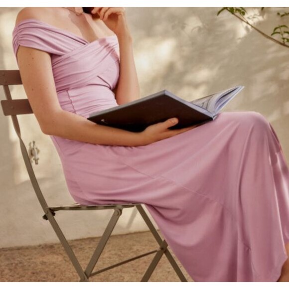 OGL Eco-SkinKiss Flowy Crisscross Off Shoulder Padded Brami Midi Dress Rose Sz M - Picture 2 of 9